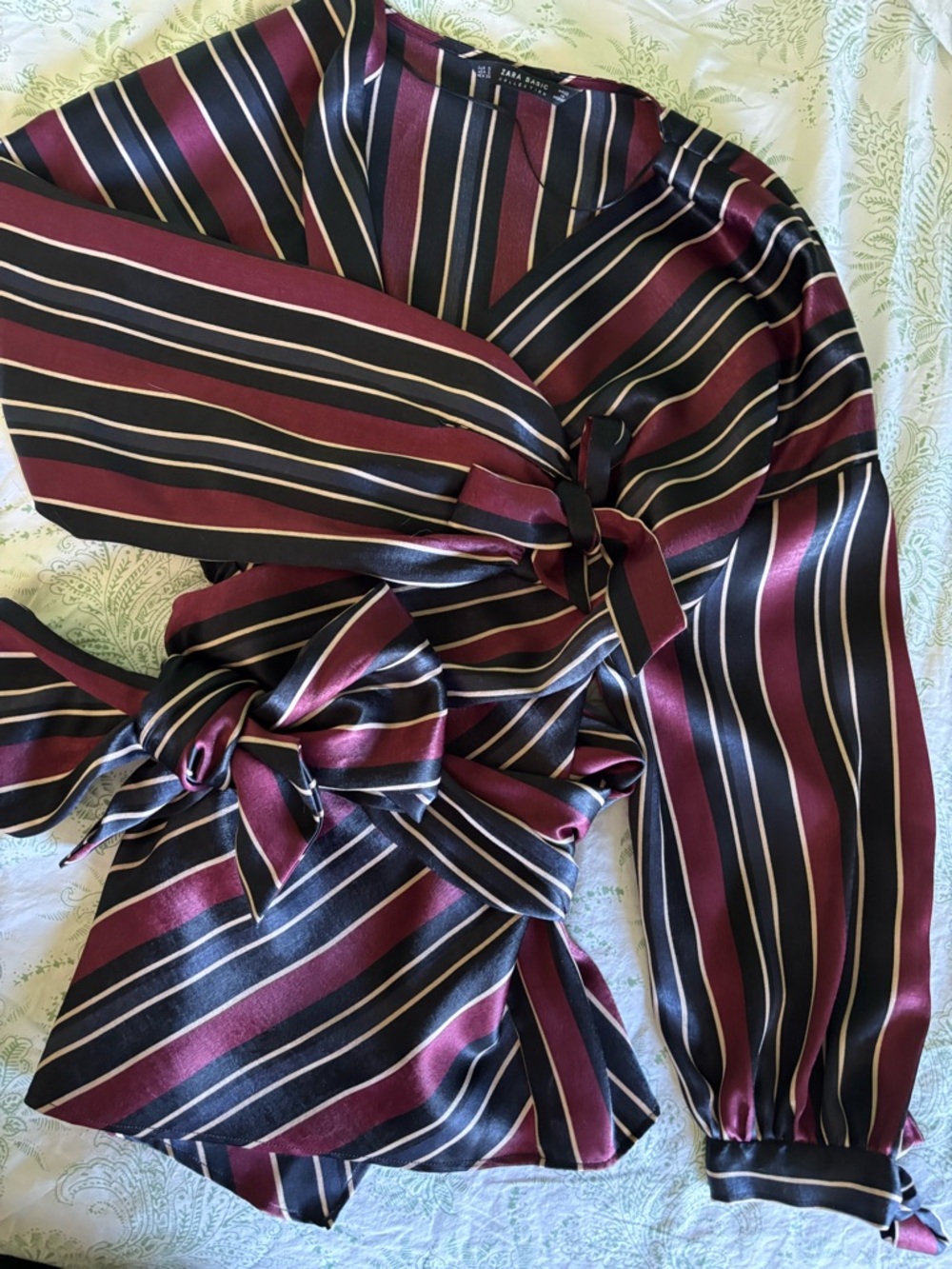 Zara Burgundy, Navy & Cream Striped Wrap Blouse